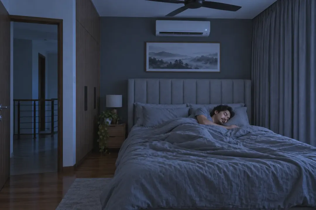 Lelaki yang sama tidur lena dalam bilik sejuk dengan aircond